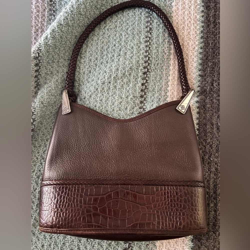 Brighton Vintage Gina Brown Pebbled Leather & Croc Embossed Satchel Shoulder Bag